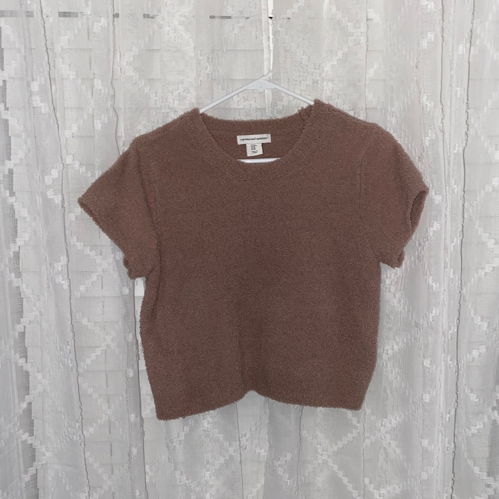 NEW Brown Fuzzy Short Sleeve Cropped Sweater